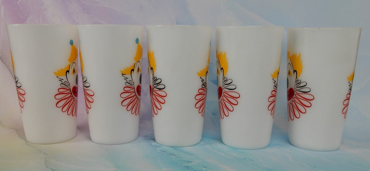 Set of 5 Hazel Atlas Milk Glass Clown Face High Ball Tumbler Glass 11 oz