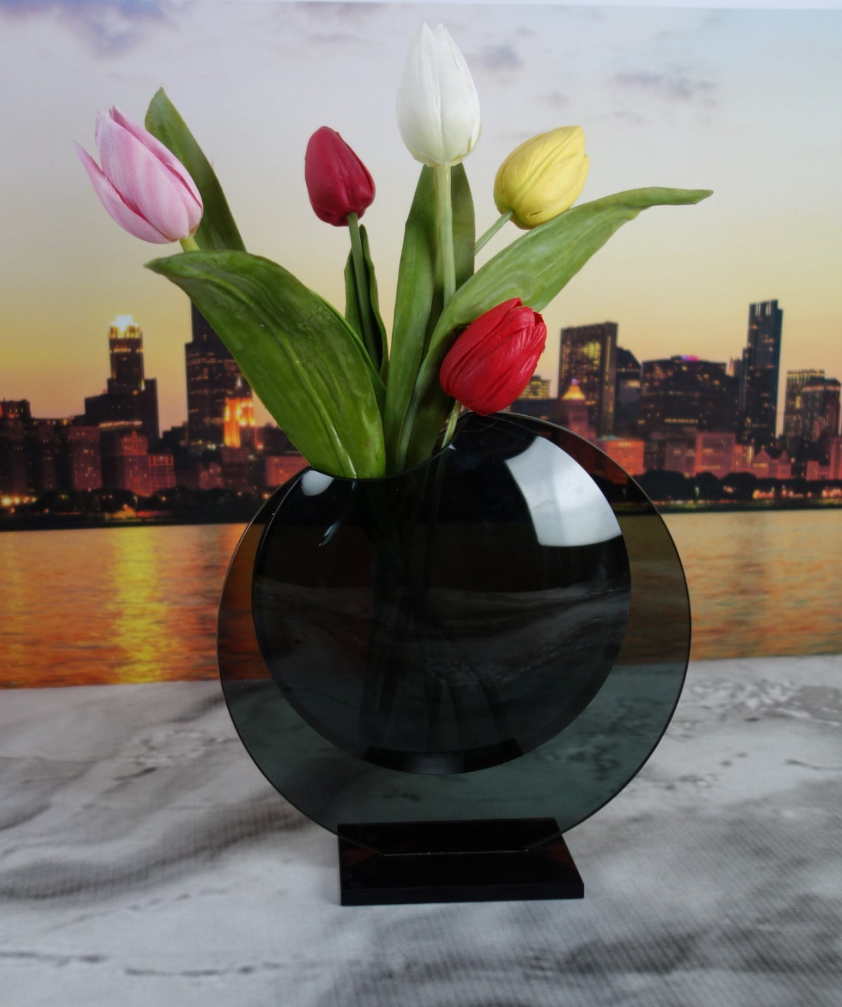 Vintage Round Charcoal Glass Flower Vase