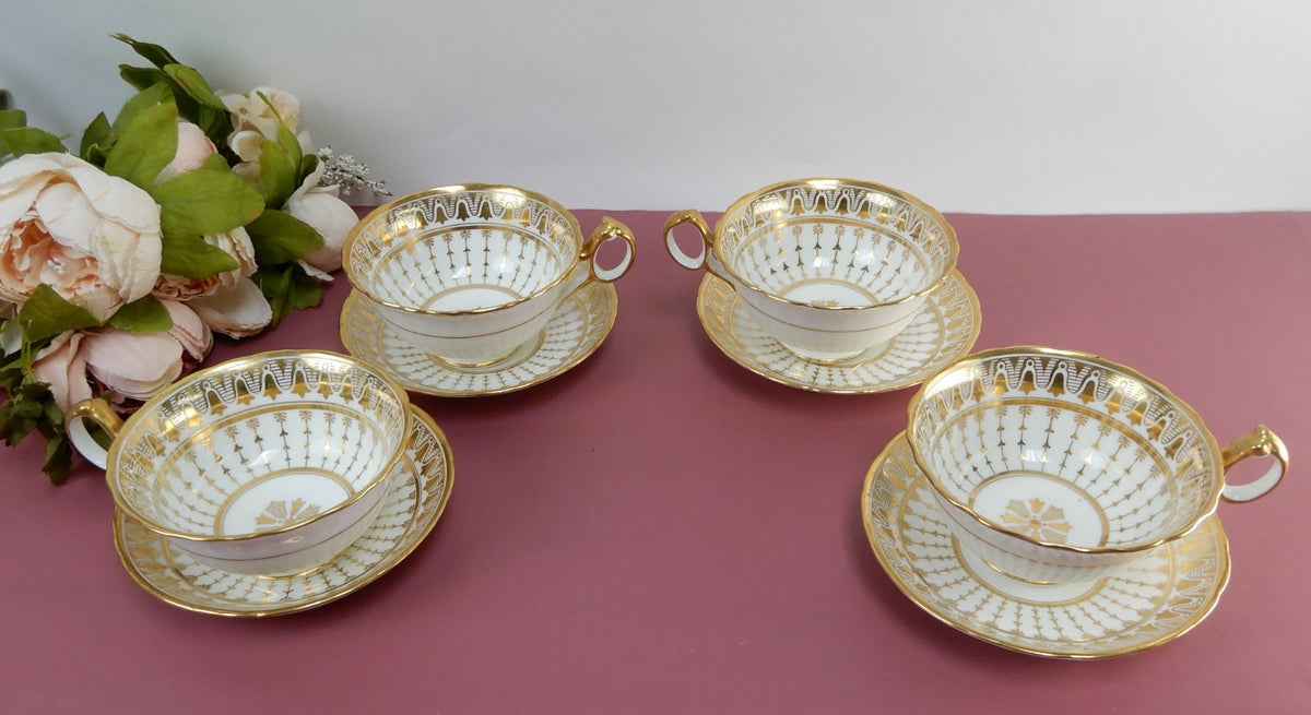 4 Antique Cauldon England 12oz Cups & Saucers Gold for Rich-Briggs.Co Boston