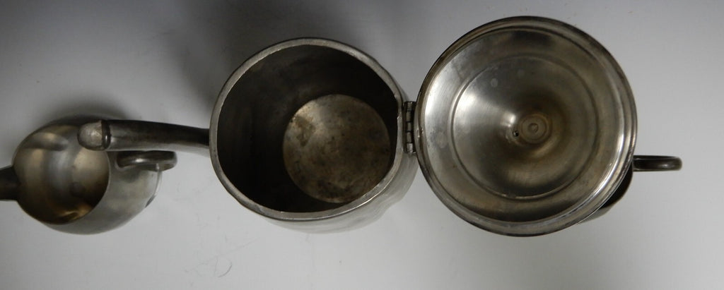 Vintage Crescent Pewter Metal Coffee Pot, Creamer, and Sugar Bowl New York 1930s