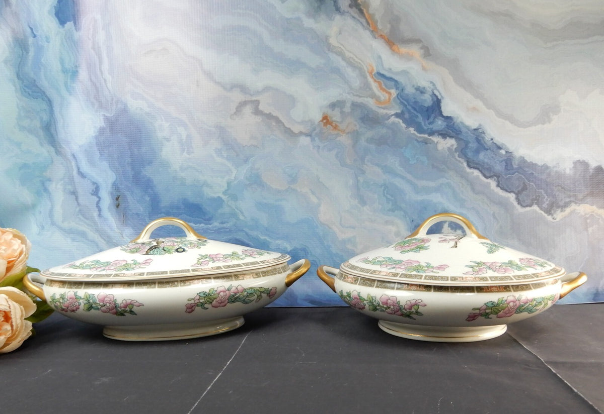 Two Vintage SYRACUSE Oval and Round  Covered Serving Bowls Indian Tree Pattern