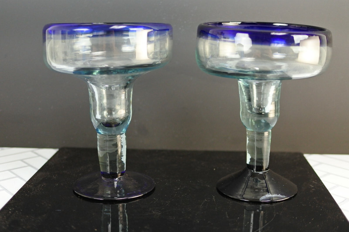 Lot Of 3 Vintage Mexican Hand Blown Cobalt Blue Rim Margarita Glasses