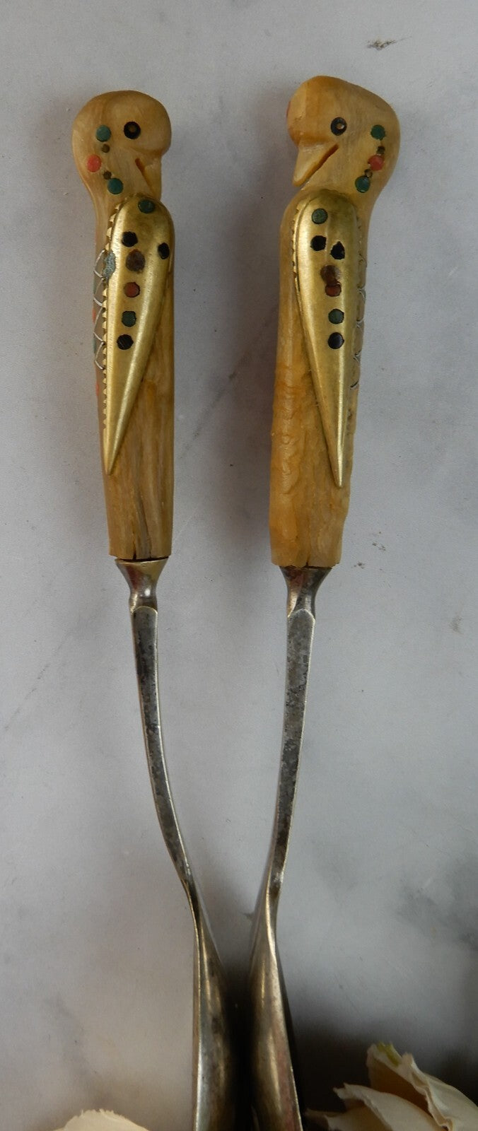 Vintage  Phoenix Bird Carved Handle Salad Servers Said And Alfred Haddad Jezzine