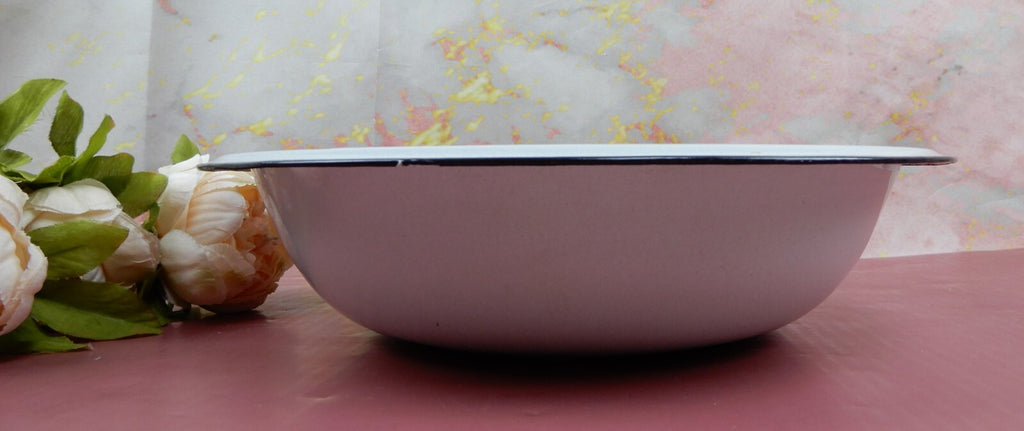 Enamelware Wash Basin Farmhouse Decor White with Black Rim and Hole for Hanging