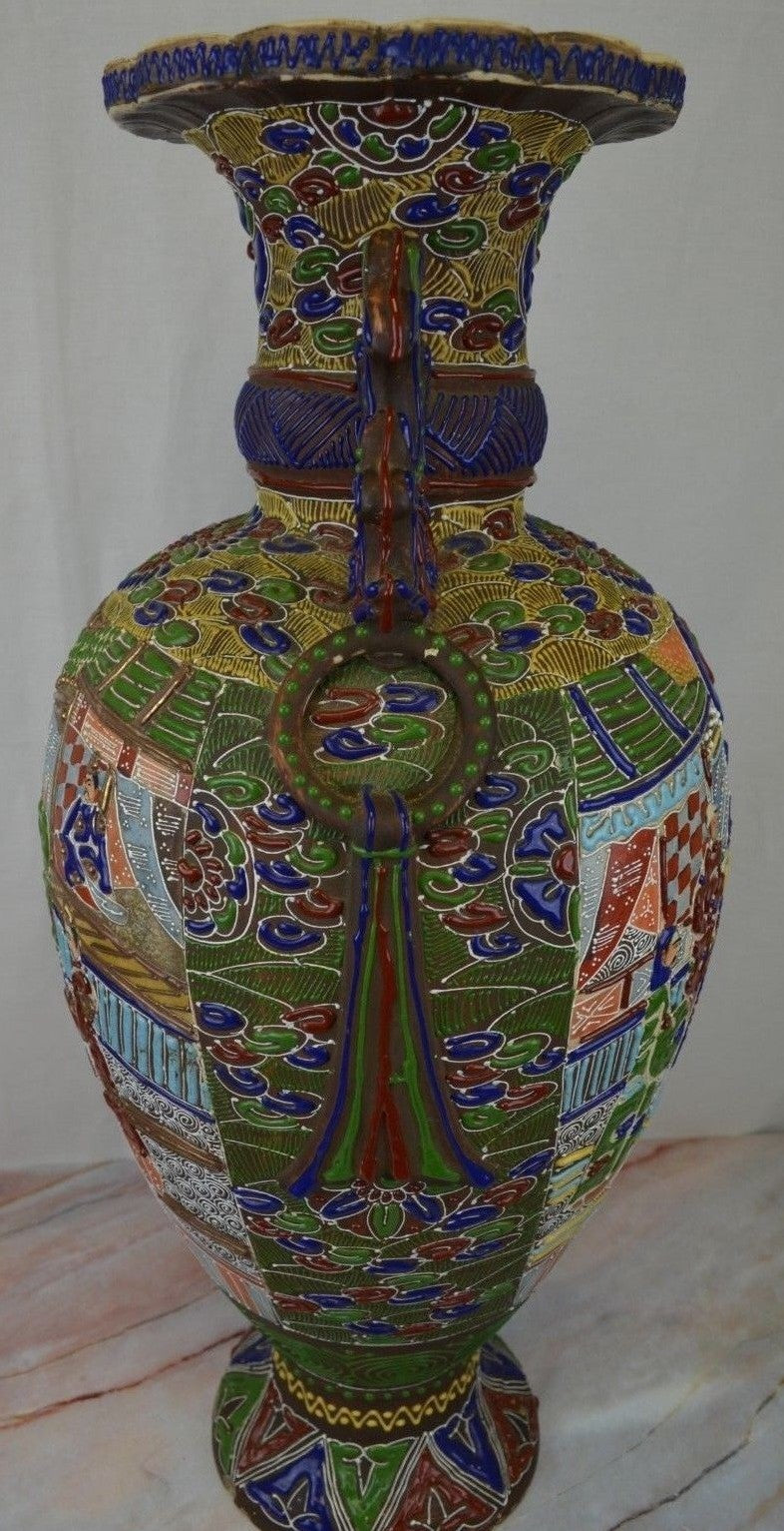 Antique c. Meiji Japanese Moriage Satsuma Detail Handpainted Vase,25" Tall