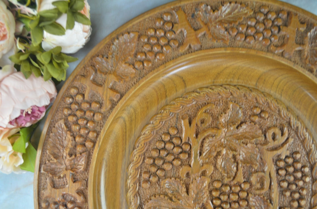 Vintage Large 19" Hand-Carved, Brown Wood Plate with Grape Vines/ Wall Art Decor