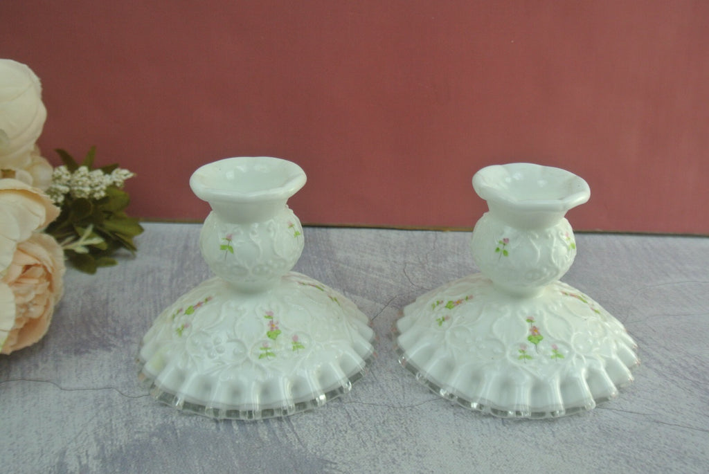 2 Fenton White Milk Glass Silver Crest Spanish Lace Candlestick Holders Signed