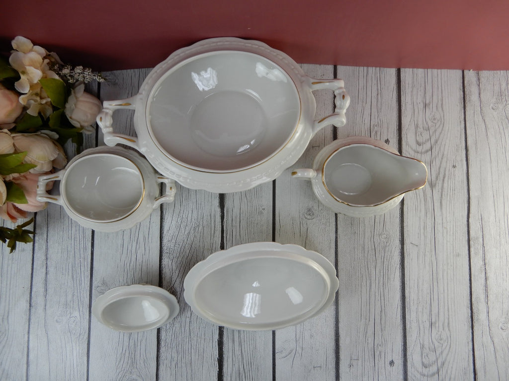 Vtg. Arcadian Fine China "Old Rose" Covered Vegetable Bowl ,Creamer & Sugar Bowl