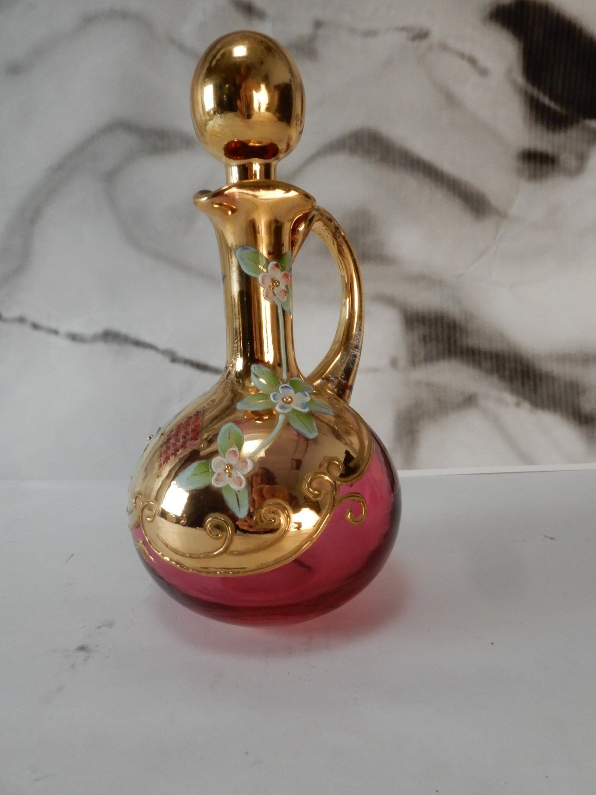 Vintage Glass Czech Bohemia Hand-Painted Red Cruet with Stopper