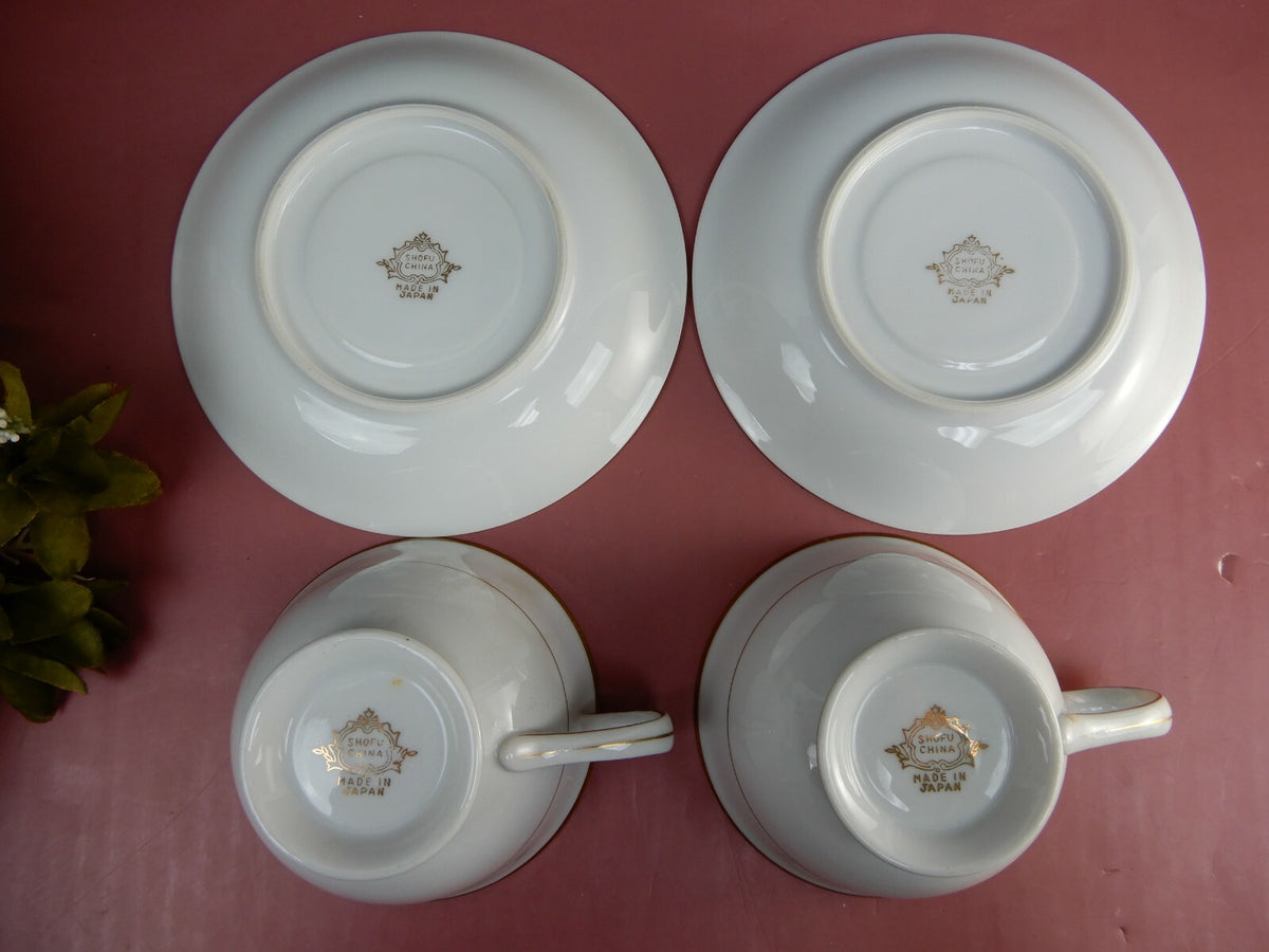 Set Of 4 Shofu China Footed Cup And Saucer W/ Gold Trim
