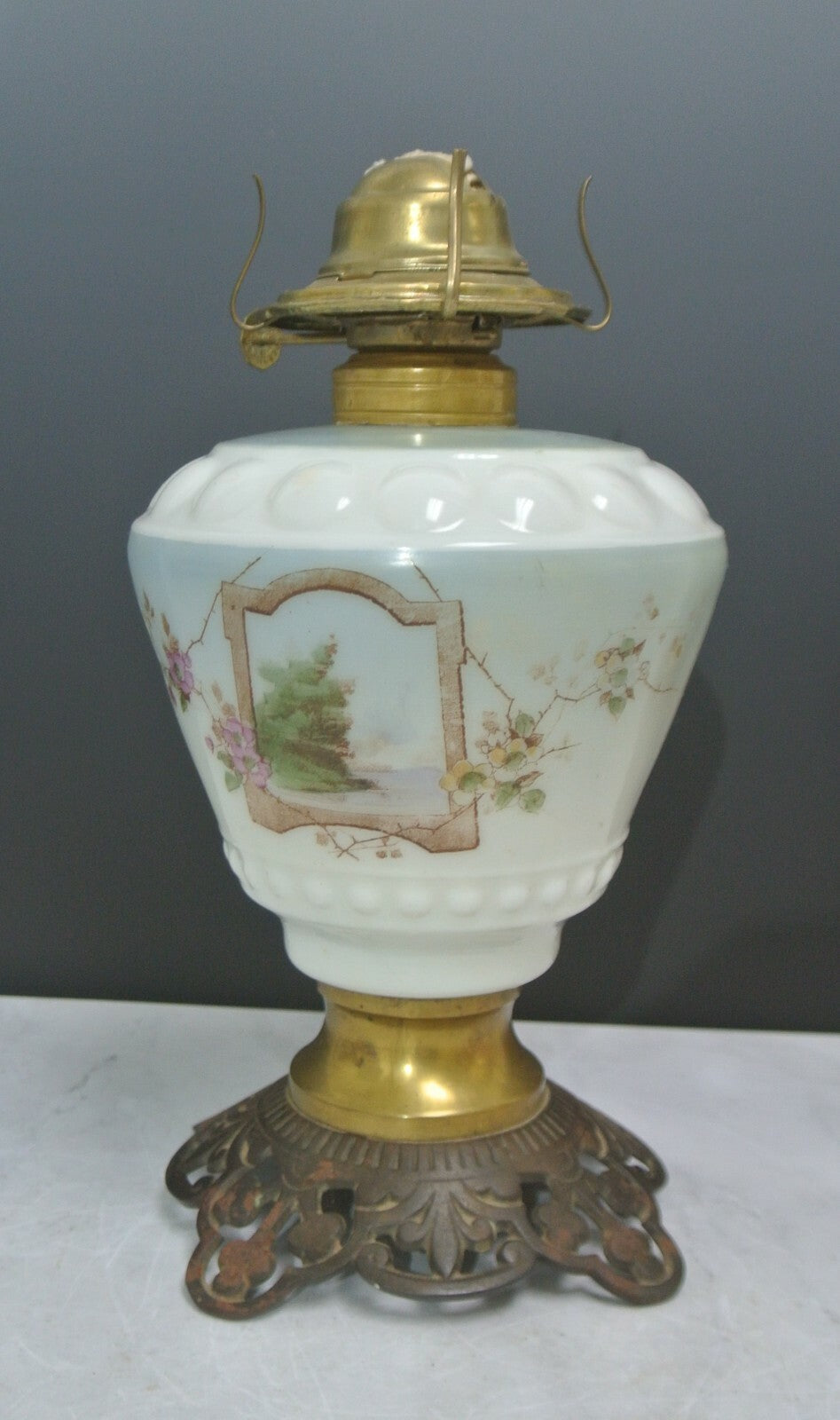 Vintage White Hurricane Lamp Base Hand-Painted Milk Glass For Repair
