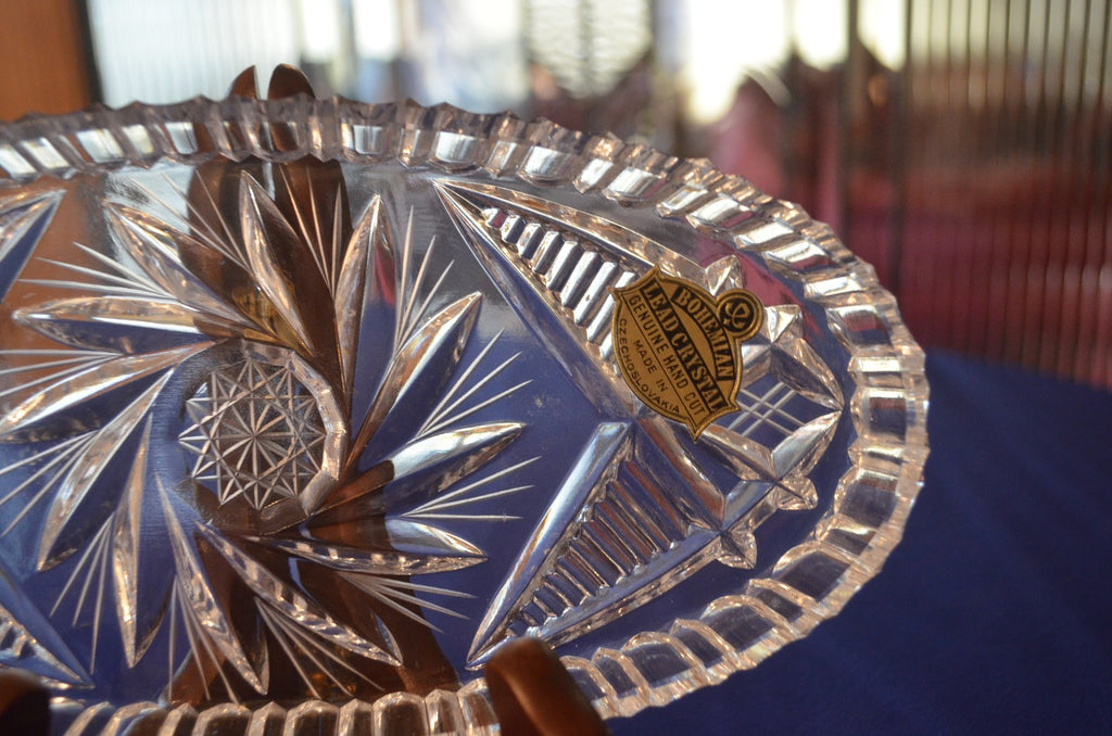 Excellent Czech Bohemian Hand Cut  Lead Crystal Oval Crystal Dish w/ Sticker