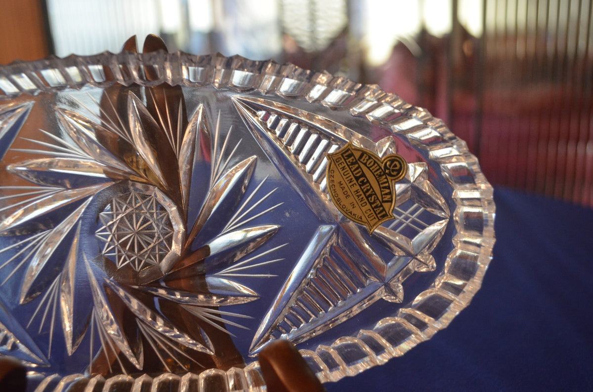 Excellent Czech Bohemian Hand Cut  Lead Crystal Oval Crystal Dish w/ Sticker