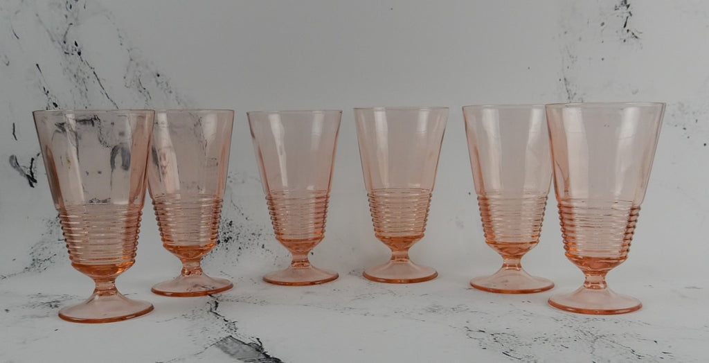 Set of 6 Federal Glass 1930s Pink Depression Ringed Stem Iced Tea Goblets 14oz