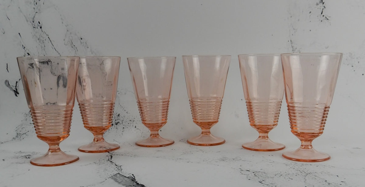 Set of 6 Federal Glass 1930s Pink Depression Ringed Stem Iced Tea Goblets 14oz