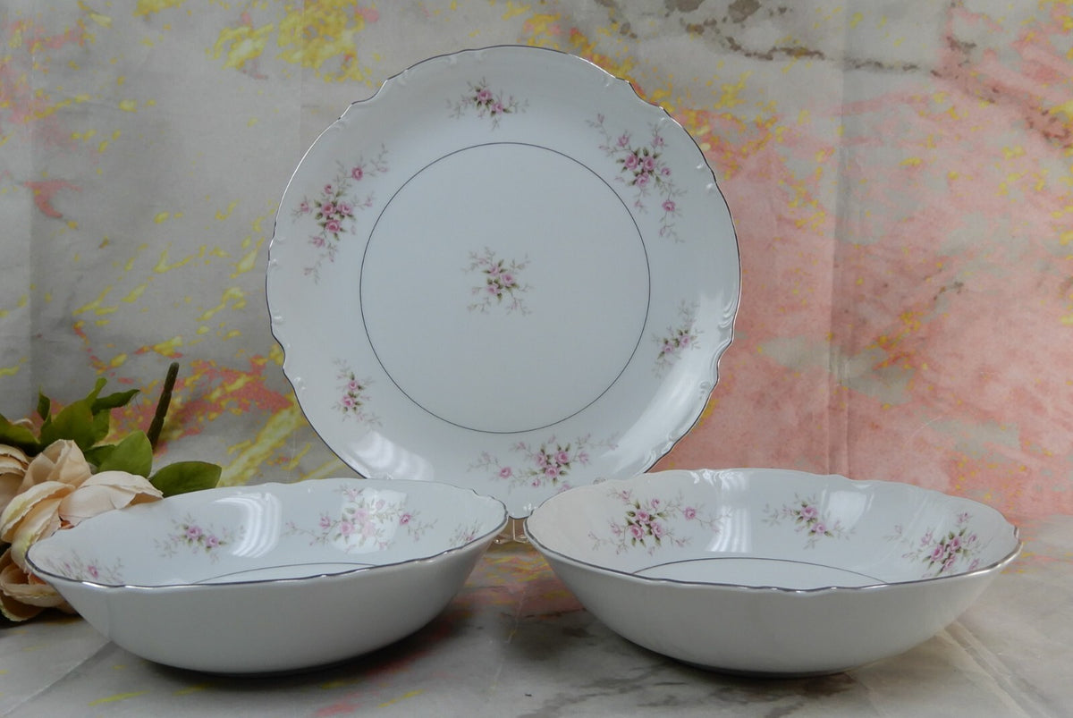 3 Pc Mikasa Fine China "Versalles" Serving Pieces Cake Plate, 2 Vegetable Bowls
