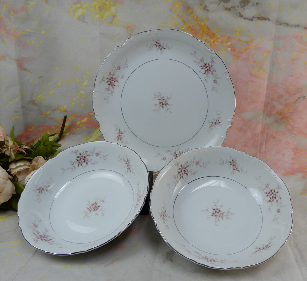 3 Pc Mikasa Fine China "Versalles" Serving Pieces Cake Plate, 2 Vegetable Bowls