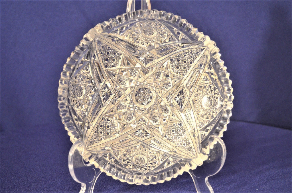 Vintage Cut Crystal Shallow Bowl w. Star Designs 6"