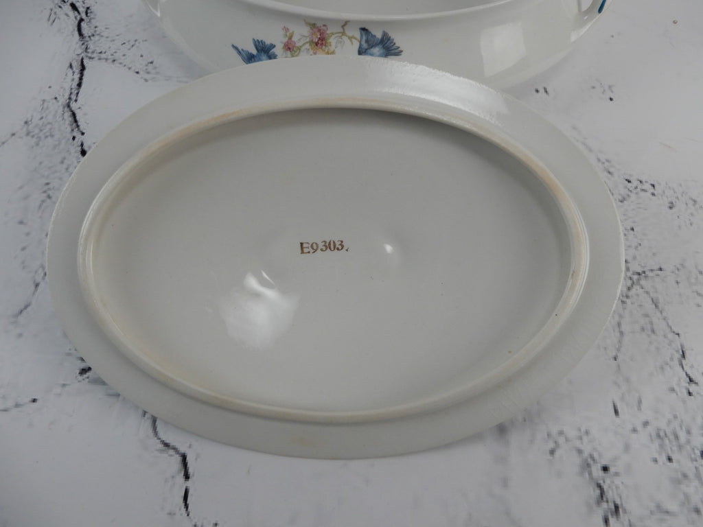 Vintage Homer Laughlin Blue Bird Decal Pattern Oval Covered Casserole ca. 1930