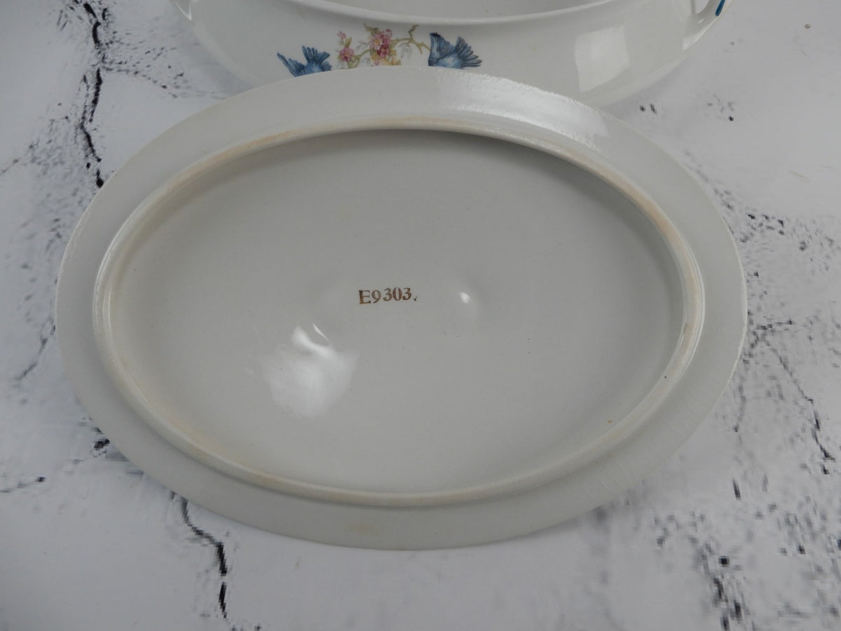 Vintage Homer Laughlin Blue Bird Decal Pattern Oval Covered Casserole ca. 1930