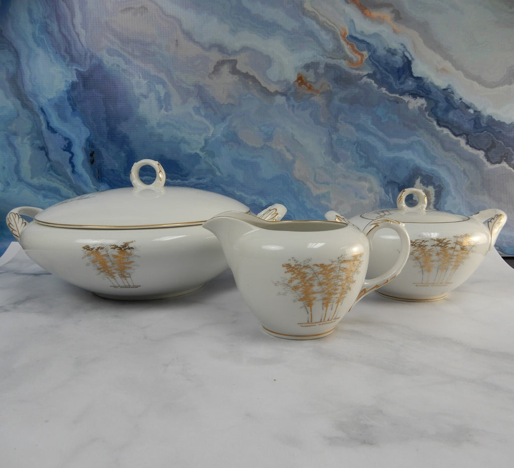 FUKAGAWA Arita Japan ~Gold Bamboo Lidded Round Serving Bowl Creamer & Sugar Bowl