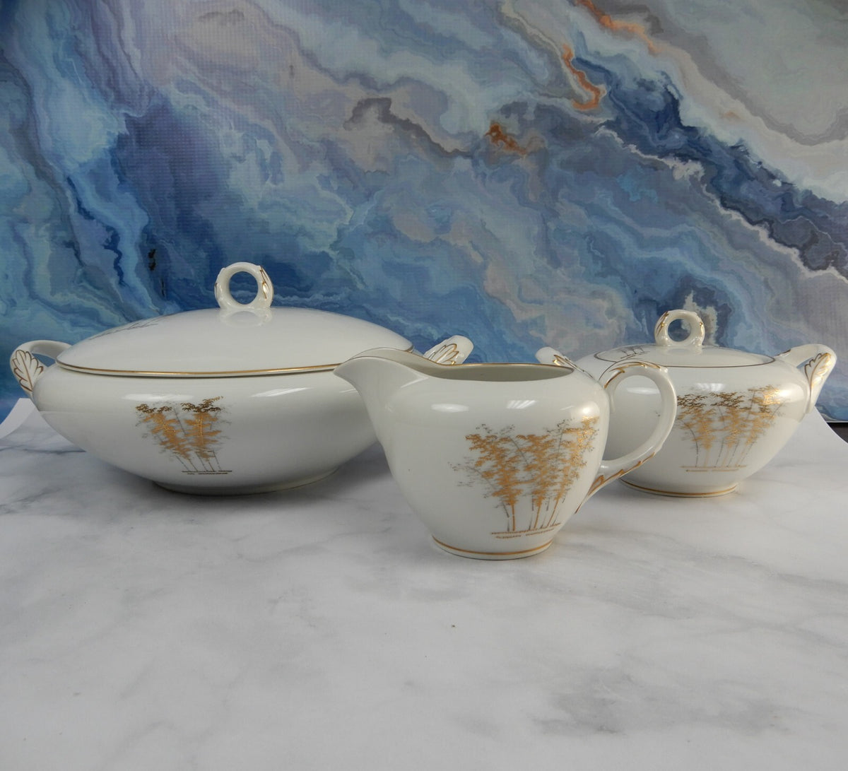 FUKAGAWA Arita Japan ~Gold Bamboo Lidded Round Serving Bowl Creamer & Sugar Bowl