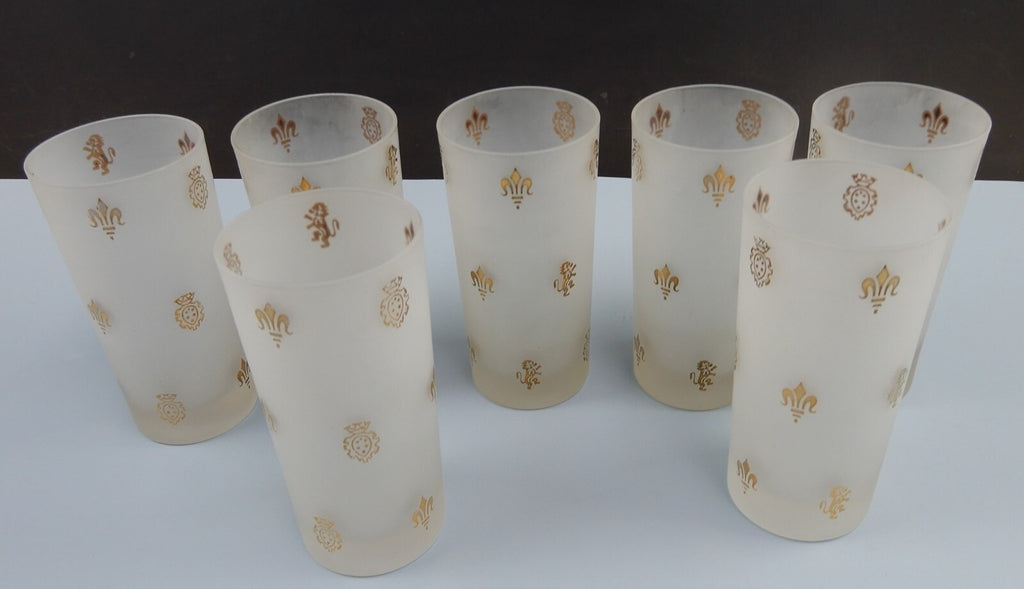 7 Frosted Highball Glasses with Golden Symbols Lions,Fleur De Lis and Shields