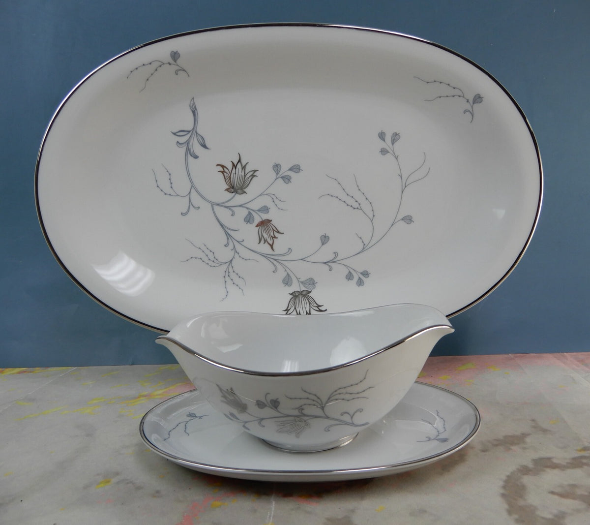 Vintage Eschenbach Bavaria Barronet China "Silver Arbor" Platter and Gravy Boat
