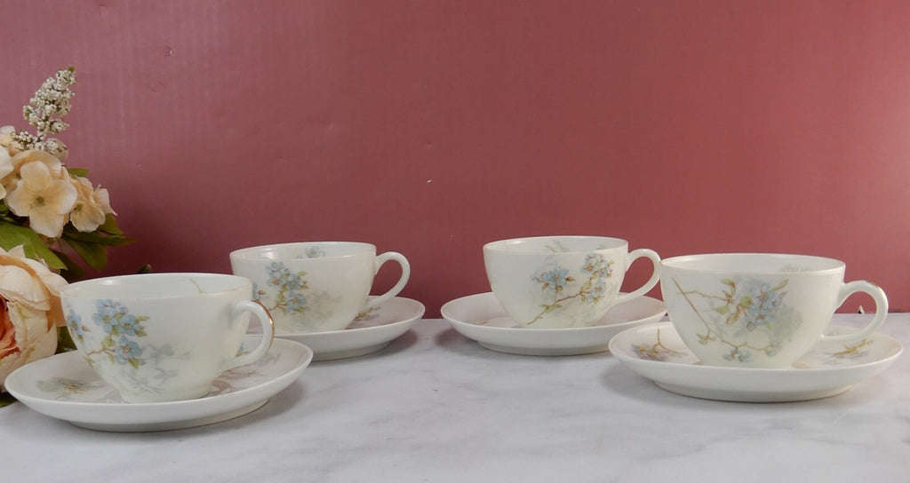 Antique Limoges A. Lanternier France Porcelain Blue Floral 4 Cups and Saucers