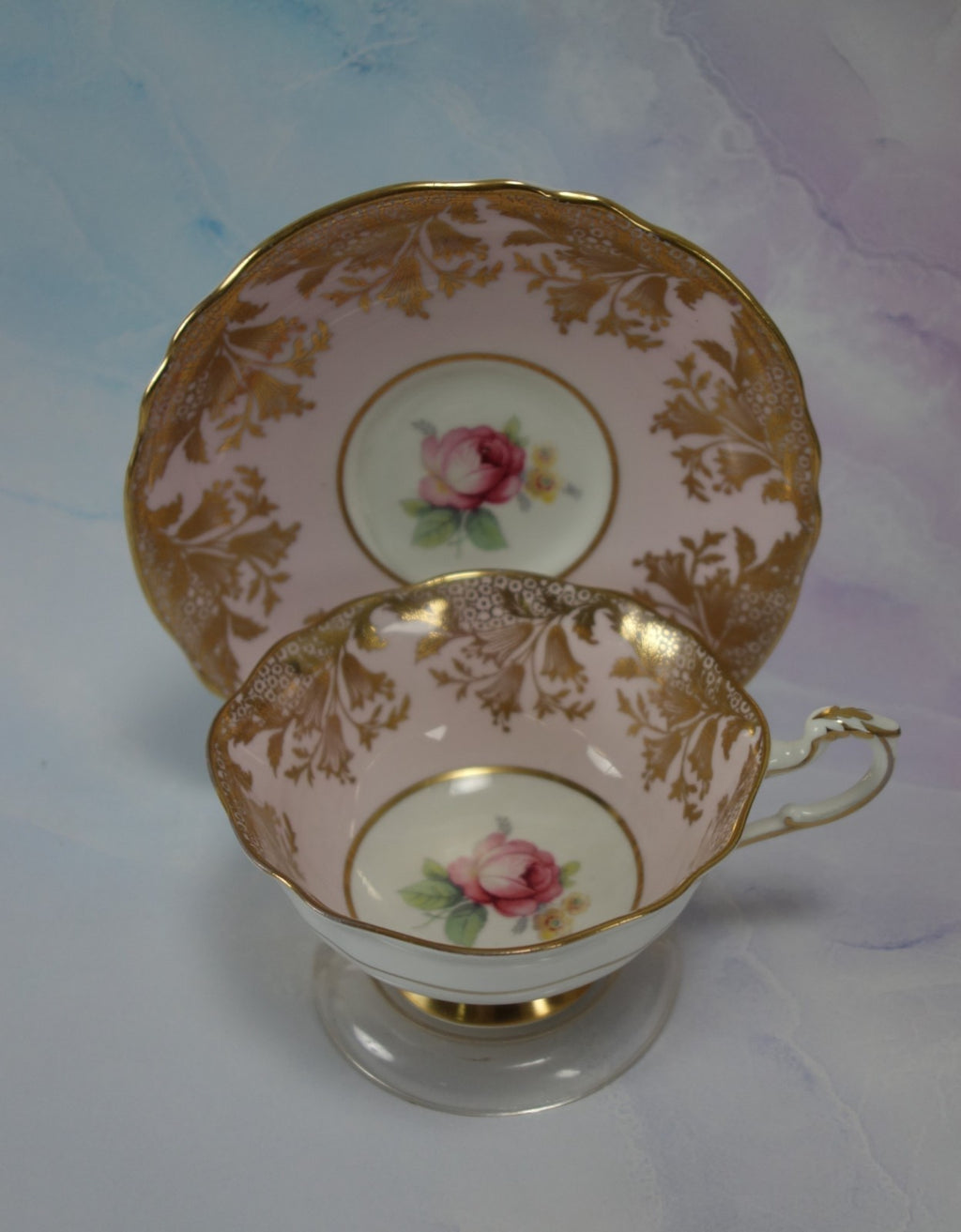 Paragon “ HM The Queen & HM Queen Mary” Light Pink Gold Filigre Cup And Saucer