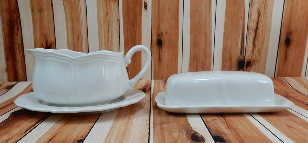 Federalist Ironstone White Made in Japan Gravy Boat Underplate and Butter Dish