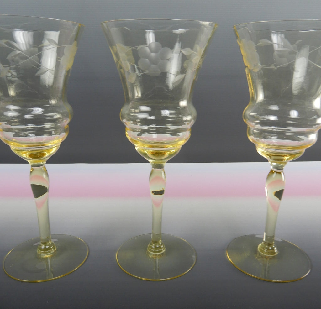 (3) Vintage West Virginia Glass Specialty Etch Optic Yellow Water Wine Goblets