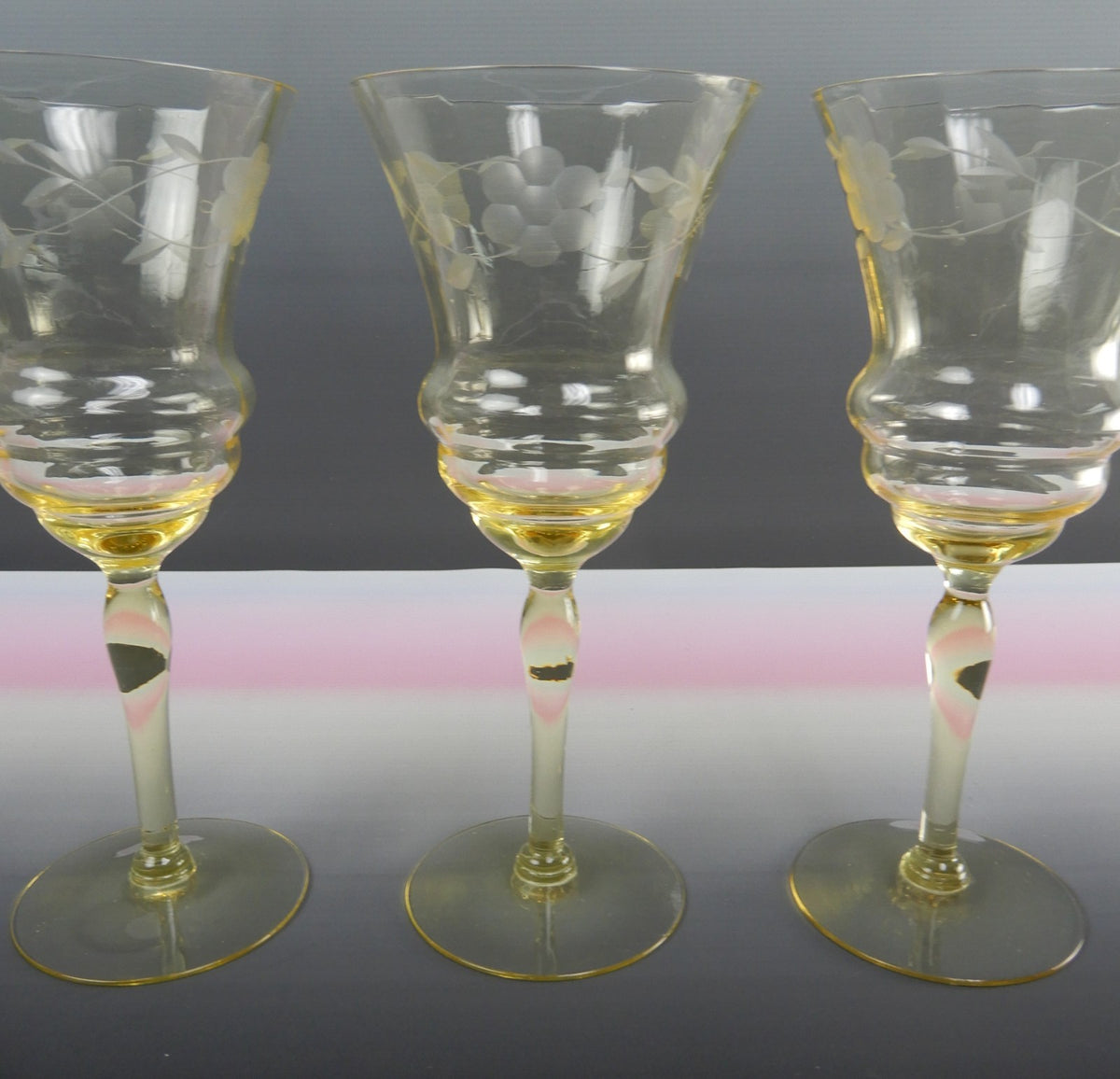 (3) Vintage West Virginia Glass Specialty Etch Optic Yellow Water Wine Goblets