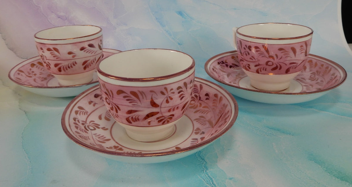 Set of 3~1800s Staffordshire Pink Luster Cups and Saucers: Sunderland Lusterware