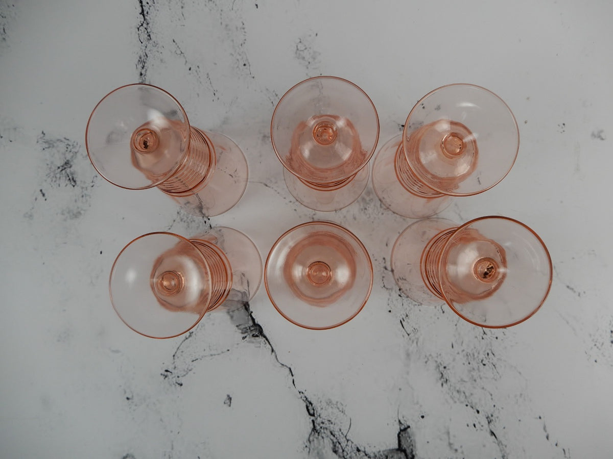 Set of 6 Federal Glass 1930s Pink Depression Ringed Stem Iced Tea Goblets 14oz