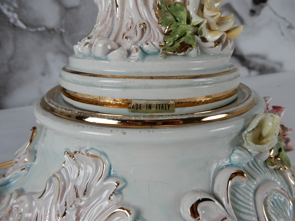 Vintage Porcelain Floral Capodimonte 3 way Light Italian Table Lamp w/Cherubs