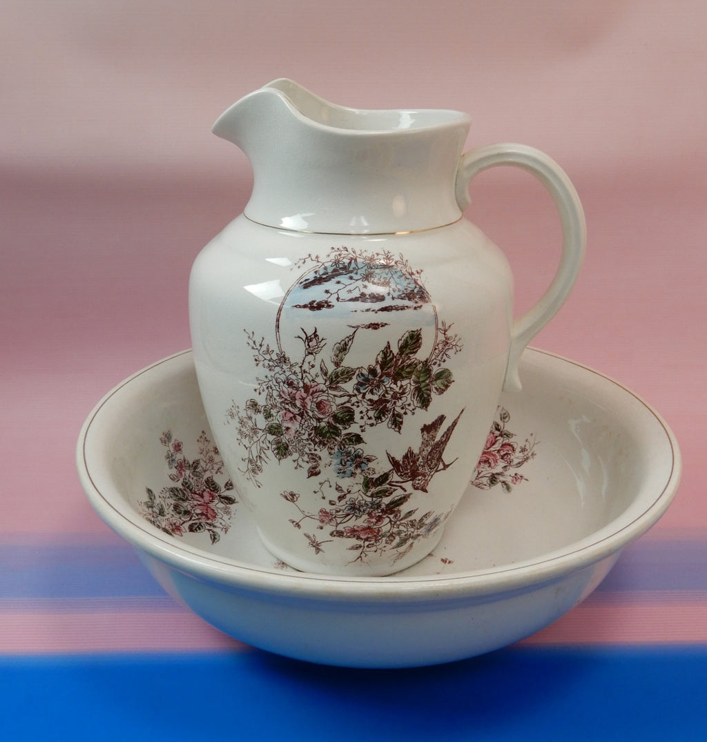 Antique The wick Company Transerware Ironstone Pottery Wash Bowl and Pitcher Set