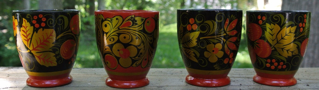 4 Vintage Russian Khokhloma Hand Painted Wood/Lacquer ware Glasses
