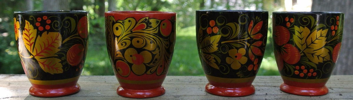 4 Vintage Russian Khokhloma Hand Painted Wood/Lacquer ware Glasses