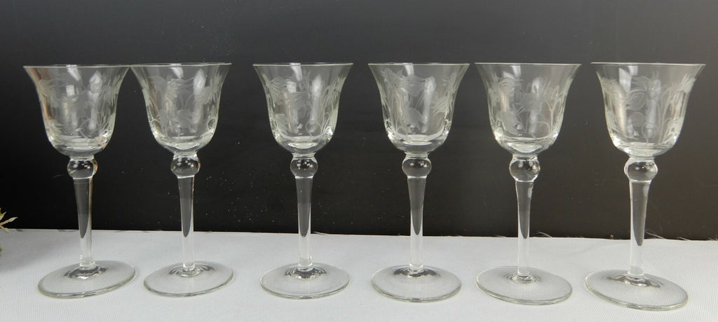 Set of 6  Elegant Etch Cordial Cocktail Glasses with Flowers