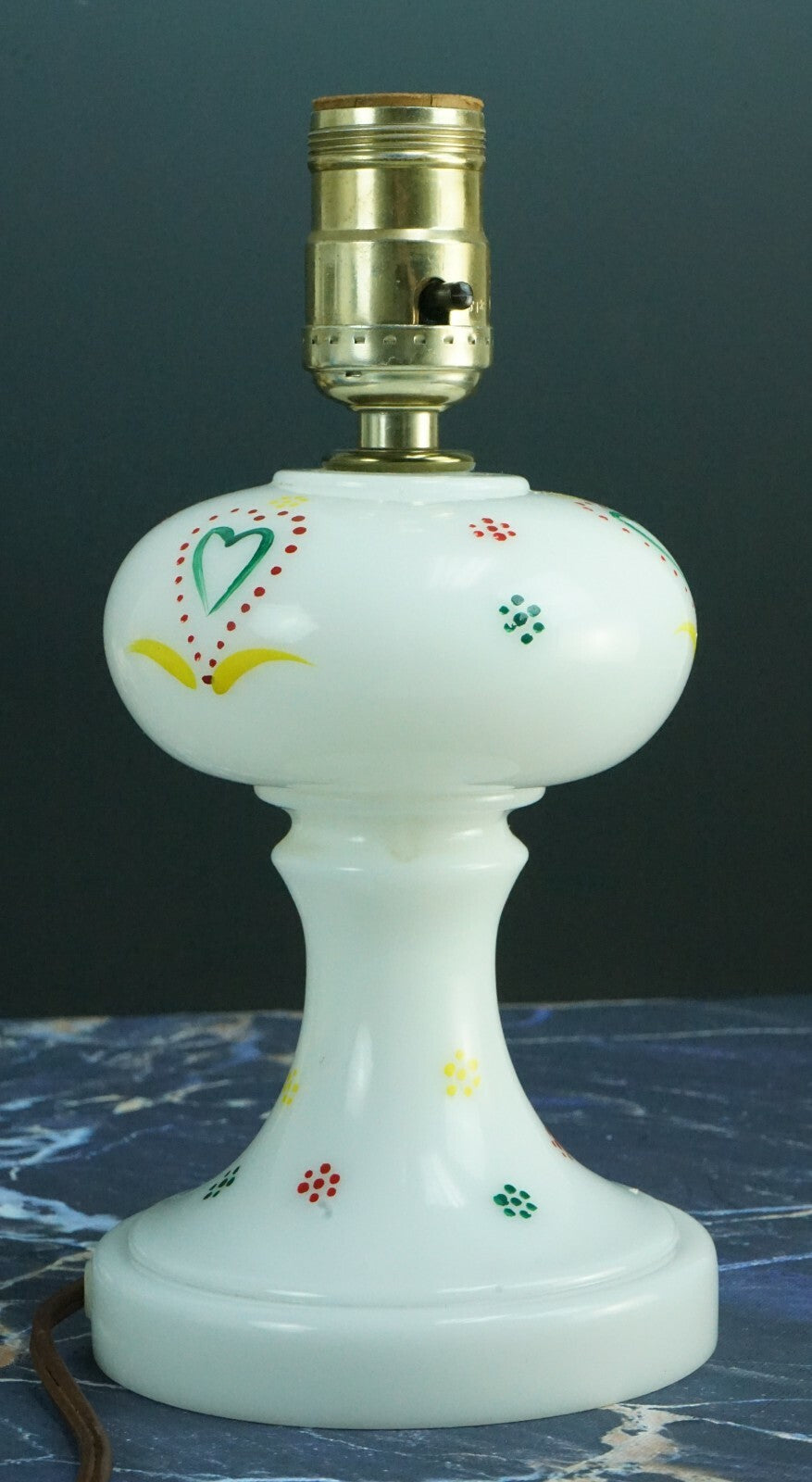 Vintage Glass Table Lamp with Hand Painted Hearts Design Milk Glass