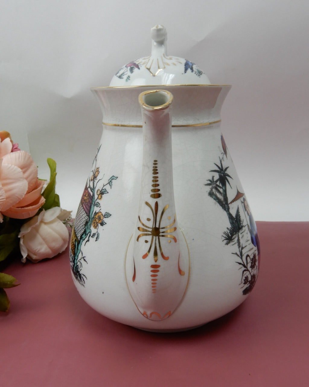 Antique Crazed and Stain White Ironstone Transferware Coffee Pot
