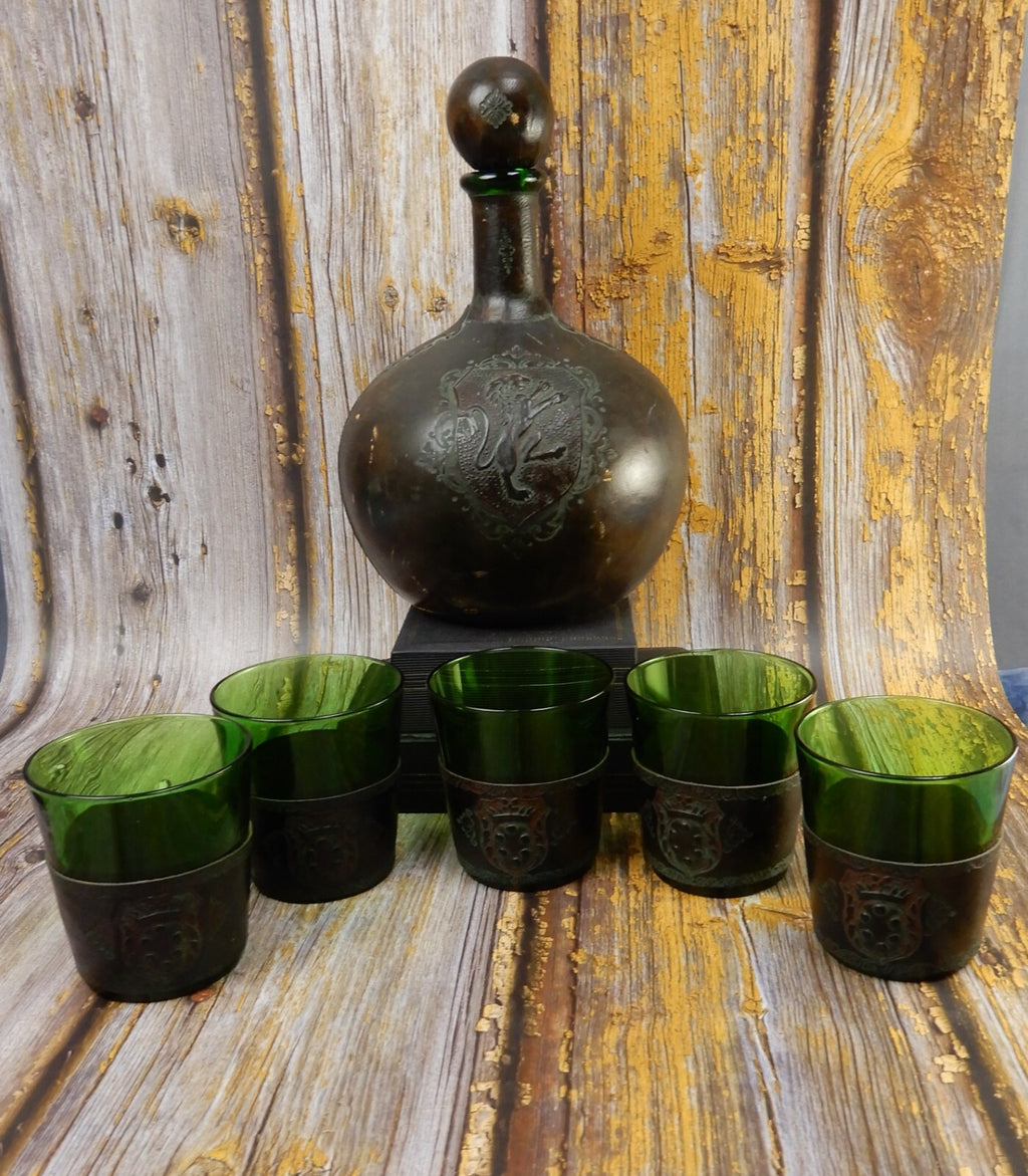 Italian Leather Wrapped Decanter Green Glass Liquor Bottle w/Matching Glasses