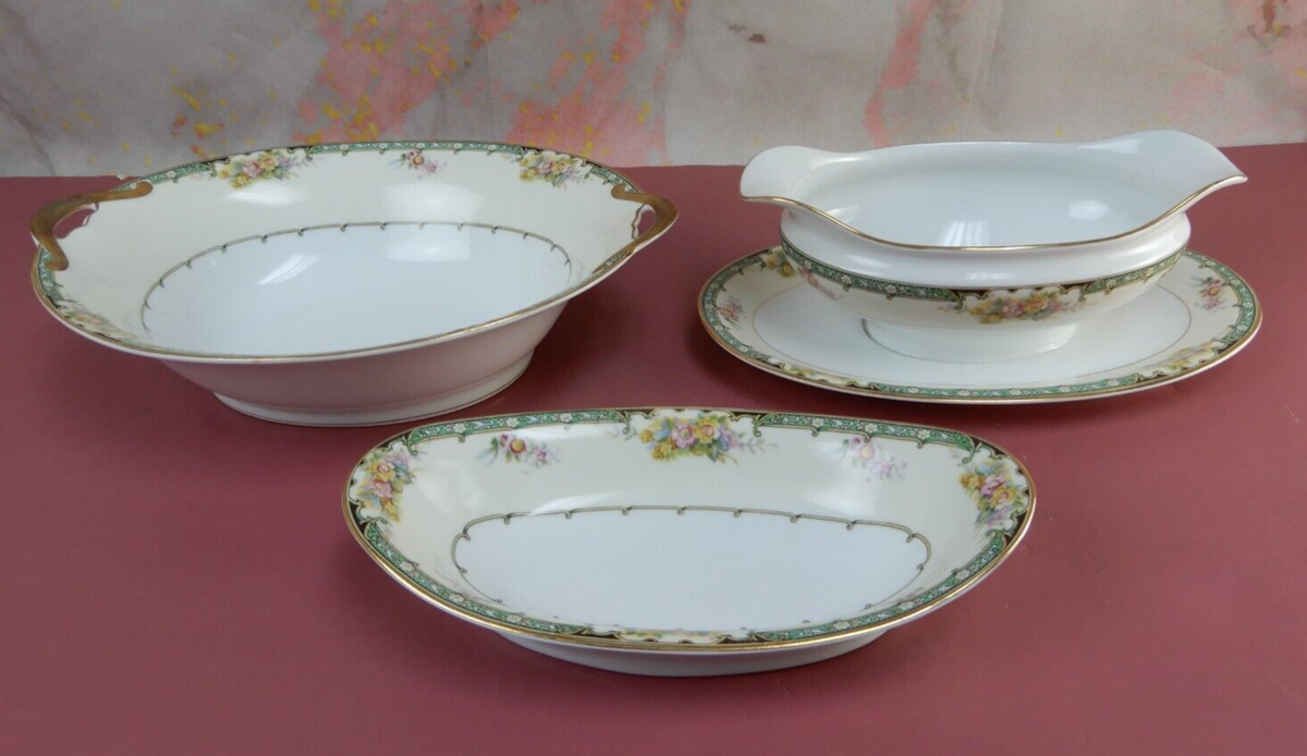 Vintage Noritake "Estelle" Japan Gravy Boat, Oval Serving Bowl and Relish Dish