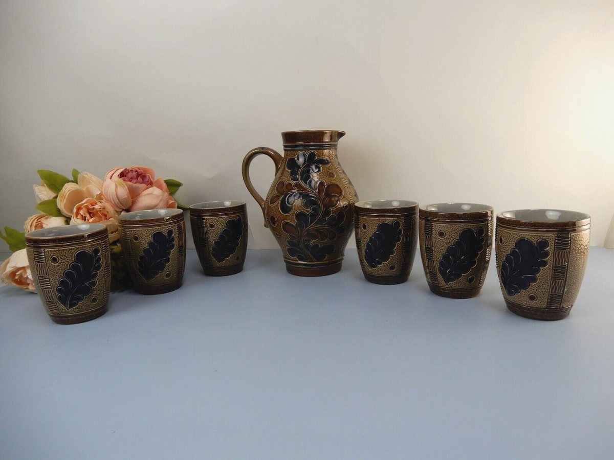 Vintage Marzi Remy German Stoneware Brown Blue Salt Glaze Wine /Jug W/ 6 Cups