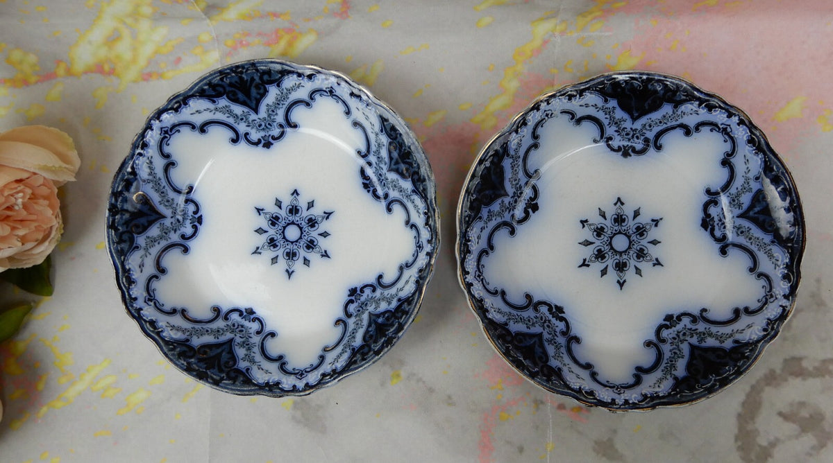 2 Coupe Soup Bowls Antique Alfred Meakin Flow Blue "Cambridge" Pattern