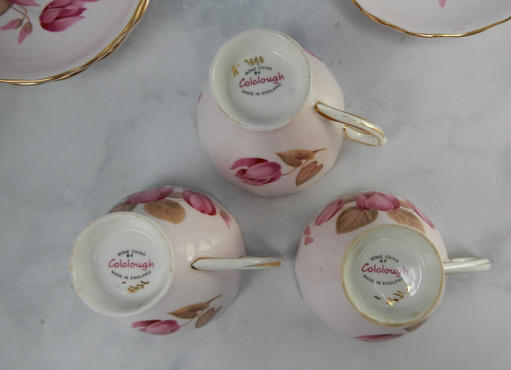 Set of 3 Colclough Bone China Pink Color Water Lily Teacups & Saucers
