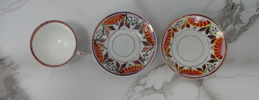 ~1800s Staffordshire Pink Luster Cup and Saucer With Orphan Saucer