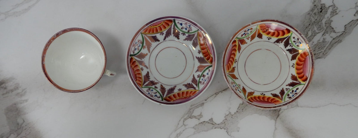 ~1800s Staffordshire Pink Luster Cup and Saucer With Orphan Saucer