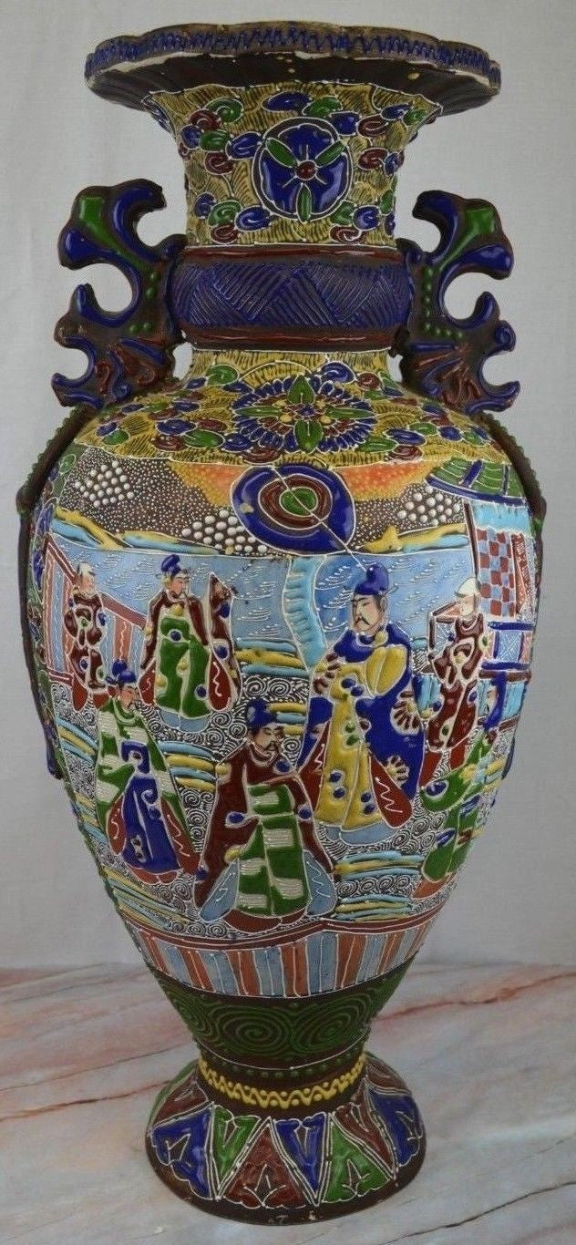 Antique c. Meiji Japanese Moriage Satsuma Detail Handpainted Vase,25" Tall~ B